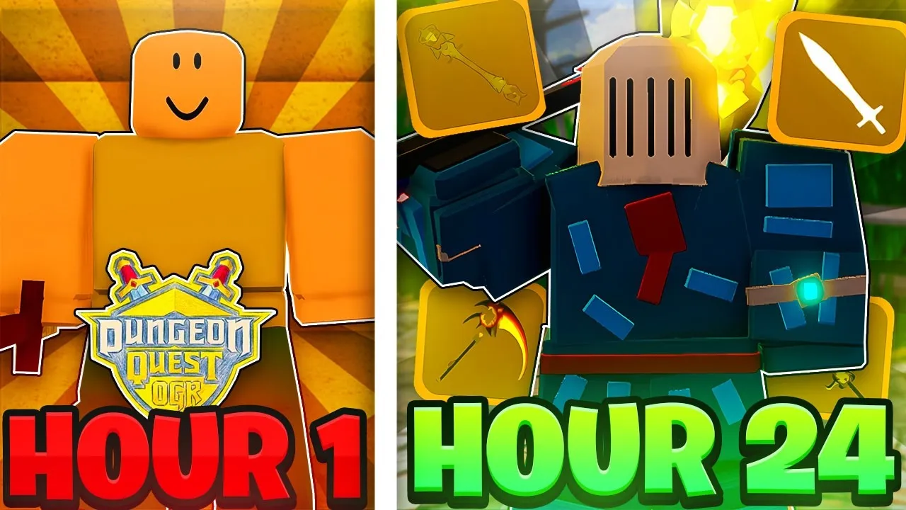 Dungeon Quest Reborn gear-up progress from hour 1 to hour 24